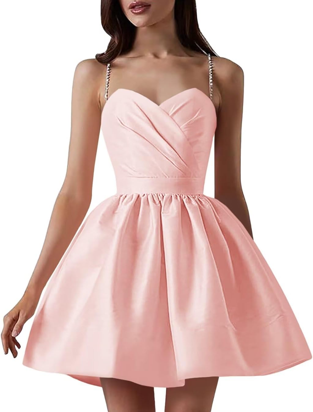 Satin Homecoming Dresses for Teens Spaghetti Straps Short Prom Dress A-Line Cocktail Wedding Guest Dress
