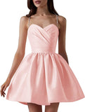 Satin Homecoming Dresses for Teens Spaghetti Straps Short Prom Dress A-Line Cocktail Wedding Guest Dress