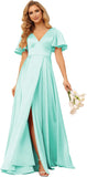 Women's V Neck Ruffle Sleeves Bridesmaid Dresses with Slit 2025 Satin A-Line Formal Evening Gowns