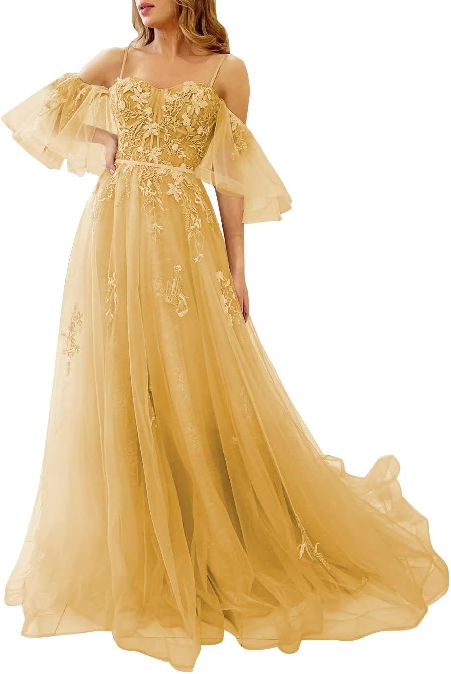 Vestidos de fiesta de tul con hombros descubiertos para adolescentes, vestidos formales con apliques de encaje, vestido de fiesta de noche formal de línea A