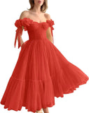 Dotted Tulle Off Shoulder Prom Dress for Women Sweetheart Midi Puffy Formal Party Gowns