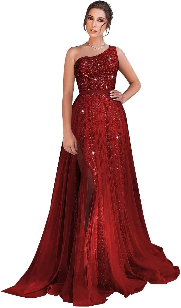One-Shoulder-Ballkleid mit Pailletten, formelle Kleider für Damen, funkelnde Abendkleider, Tüll-Ballkleid 