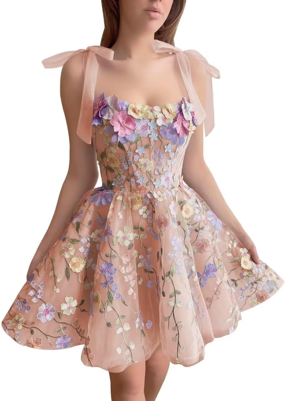 Floral Tulle Homecoming Dresses Short Cocktail Dresses Straps DAMA Dresses Lace Party Gown 3D Floral Dama Dress for Quinceanera
