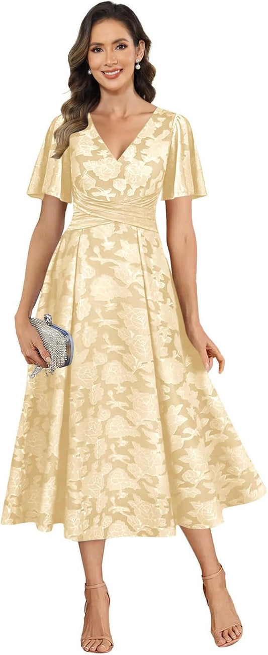 Lace Mother of the Bride Dress Champagne A Line Tea Length Formal Wedding Guest Dress