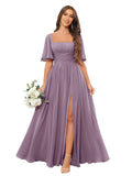 Square Neck Bridesmaid Dresses with Slit Pockets Flutter Sleeve Long Chiffon Formal Wedding Guest Dress