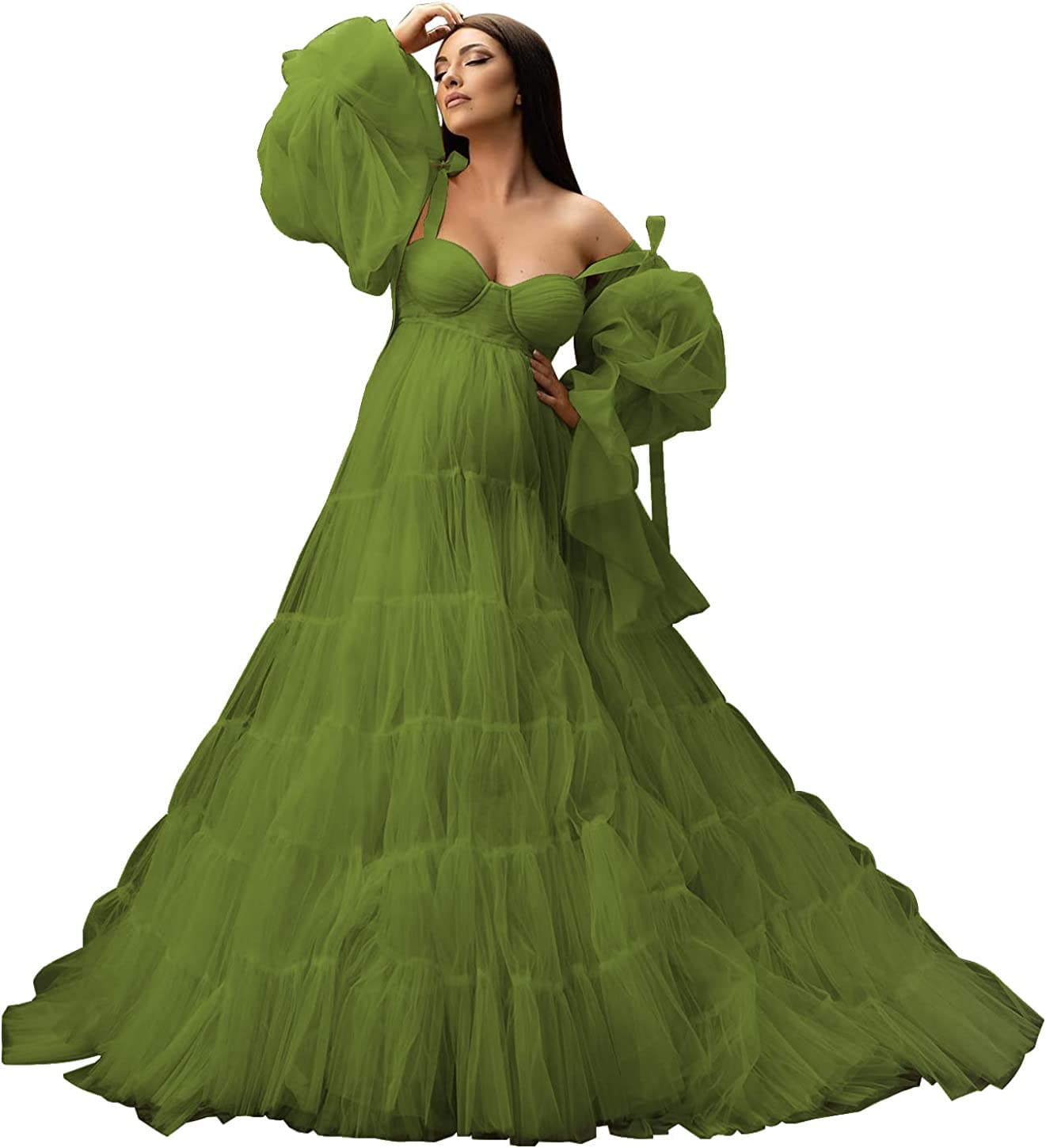 Womens Tulle Robe Maternity Dress for Photoshoot Off Shoulder Bridal Lingerie Maternity Gowns for Babyshower