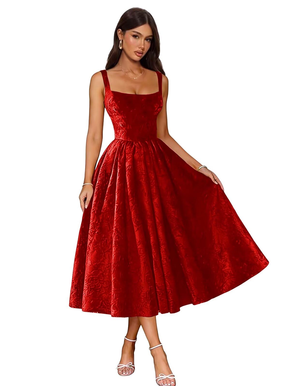 Jacquard Satin Prom Dresses 2026 Floral Square Neck Tea Length Ruched Elegant Formal Ball Gown with Pockets