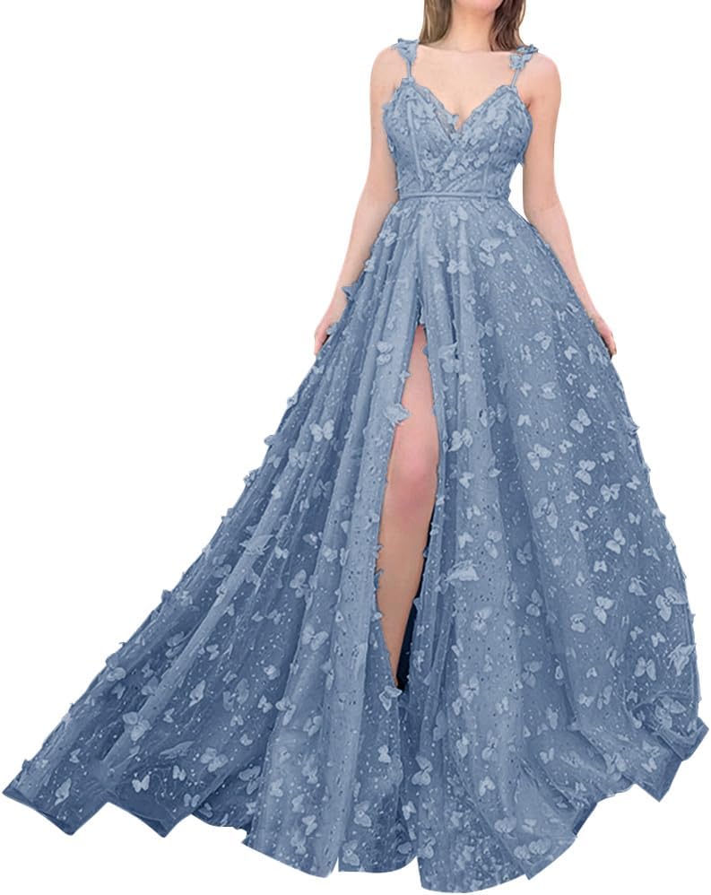 Sparkly Prom Dresses for Teens 2027 3D Butterfly Tulle Spaghetti Straps Long Slit Backless Party Gowns