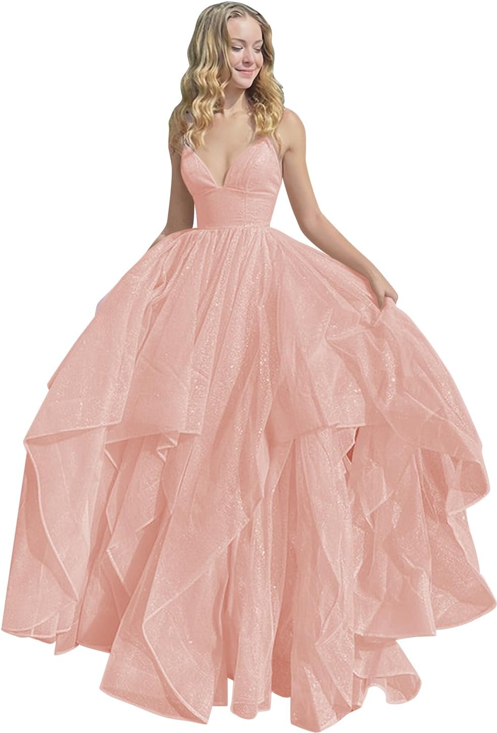 Women's Sparkly Tulle Prom Dress 2023 Long Ball Gown Spaghetti Straps Quinceanera Dress
