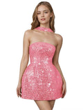 Strapless Sequin Homecoming Dresses for Teens Short Prom Dress Sparkly A-Line Cocktail Party Gowns with Pockets