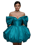 Off The Shoulder Short Wedding Dresses for Bride Puffy Satin Bridal Dresses w/Pockets Strapless Formal Ball Gowns