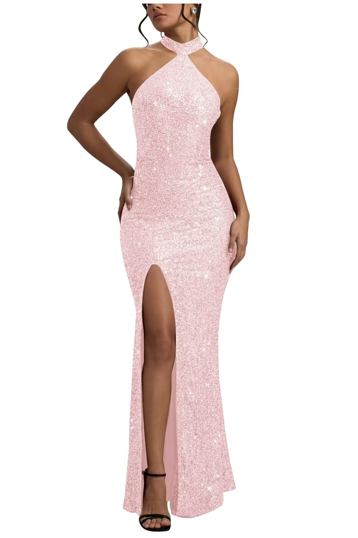 Sequin Mermaid Prom Dresses for Women Long Sparkly Halter-Neck Tight Backless Formal Evening Party Gowns with Slit