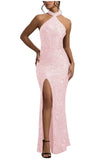 Sequin Mermaid Prom Dresses for Women Long Sparkly Halter-Neck Tight Backless Formal Evening Party Gowns with Slit