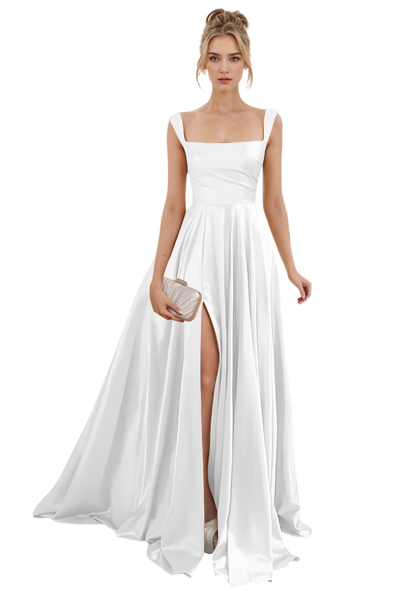 Spaghetti Straps Satin Bridesmaid Dresses for Women Long A-Line Square Neck Formal Evening Party Gown with Slit