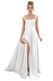 Spaghetti Straps Satin Bridesmaid Dresses for Women Long A-Line Square Neck Formal Evening Party Gown with Slit