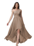 Vestido de dama de honor de un solo hombro para mujer, vestido formal de noche de gasa con bolsillos y corte alto bajo