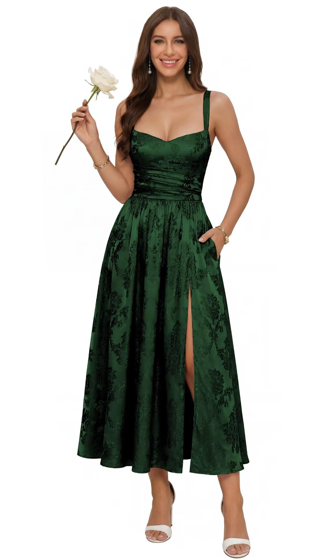 Jacquard Satin Bridesmaid Dresses for Women Spaghetti Straps A Line Tea Length Formal Evening Dress
