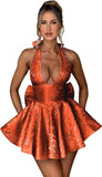 Satin Halter Homecoming Dresses for Teens 2027 V Neck Jacquard A-line Short Prom Cocktail Gowns with Bow