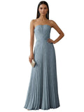 Strapless Prom Dresses for Women Long A Line Cocktail Dress Pleated Chiffon Formal Wedding Guest Dress
