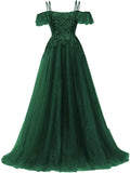 Off Shoulder Tulle Ball Gowns for Women Lace Appliques Beaded Prom Dress Sparkly Long A-line Evening Gowns