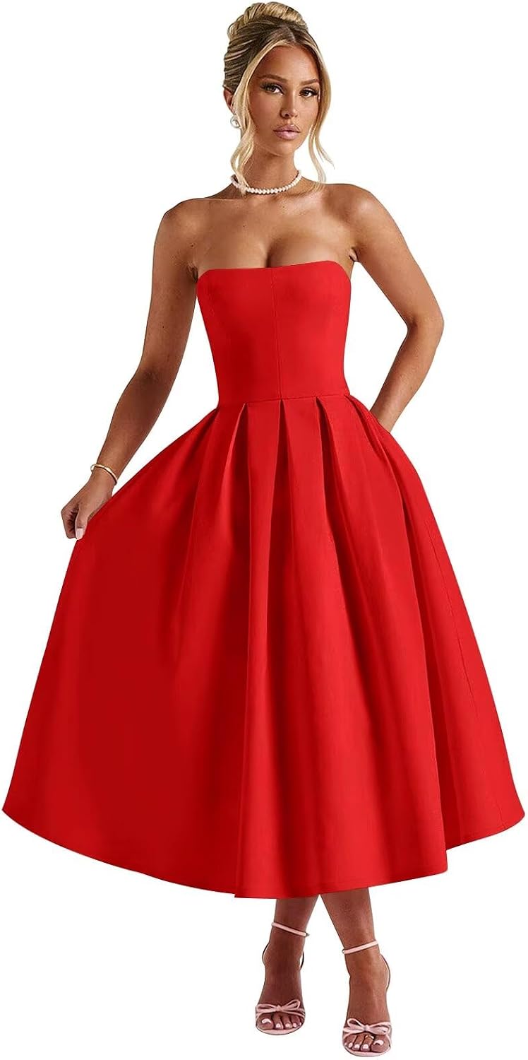 Strapless Satin Tea Length Prom Dresses for Women 2027 A-Line Corset Backless Cocktail Bridesmaid Dress with Pocket