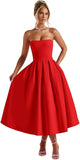 Strapless Satin Tea Length Prom Dresses for Women 2027 A-Line Corset Backless Cocktail Bridesmaid Dress with Pocket