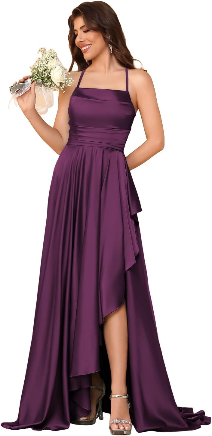 Women's Long Satin Bridesmaid Dresses Spaghetti Strap Halter Formal Evening Gown Ruffle High Low Wedding Guest Dress
