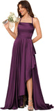 Women's Long Satin Bridesmaid Dresses Spaghetti Strap Halter Formal Evening Gown Ruffle High Low Wedding Guest Dress