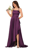 Women's Long Satin Bridesmaid Dresses Spaghetti Strap Halter Formal Evening Gown Ruffle High Low Wedding Guest Dress