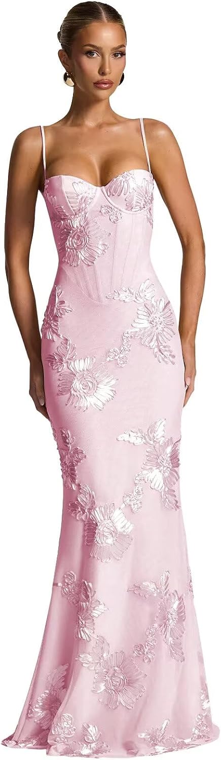 Spaghetti Straps Mermaid Prom Dress 2026 Floral Embroidery Long Corset Formal Evening Gowns