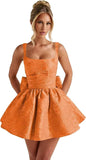 Jacquard Satin Homecoming Dresses for Teens Spaghetti Straps Short Prom Dress A-line Cocktail Party Gowns with Bow