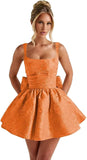 Jacquard Satin Homecoming Dresses for Teens Spaghetti Straps Short Prom Dress A-line Cocktail Party Gowns with Bow