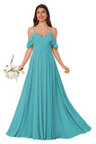 Women's Long Chiffon Bridesmaid Dresses Ruffle V Neck Formal Evening Prom Gown Spaghetti Strap Maxi Wedding Guest Dress