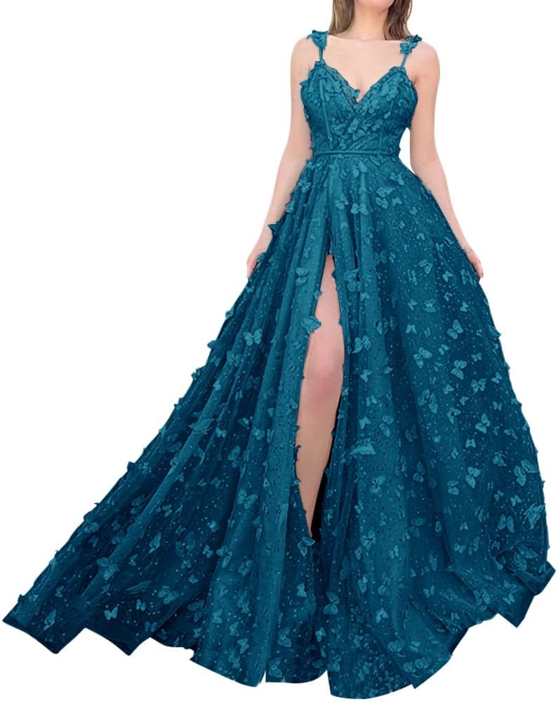 Sparkly Prom Dresses for Teens 2027 3D Butterfly Tulle Spaghetti Straps Long Slit Backless Party Gowns