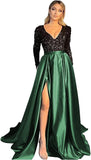 Vestido de fiesta de satén con lentejuelas brillantes para mujer, con bolsillos, manga larga y abertura. 