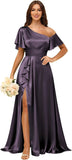 Short Sleeve Satin Bridesmaid Dresses for Women Ruffle One Shoulder Formal Evening Gowns with Slit