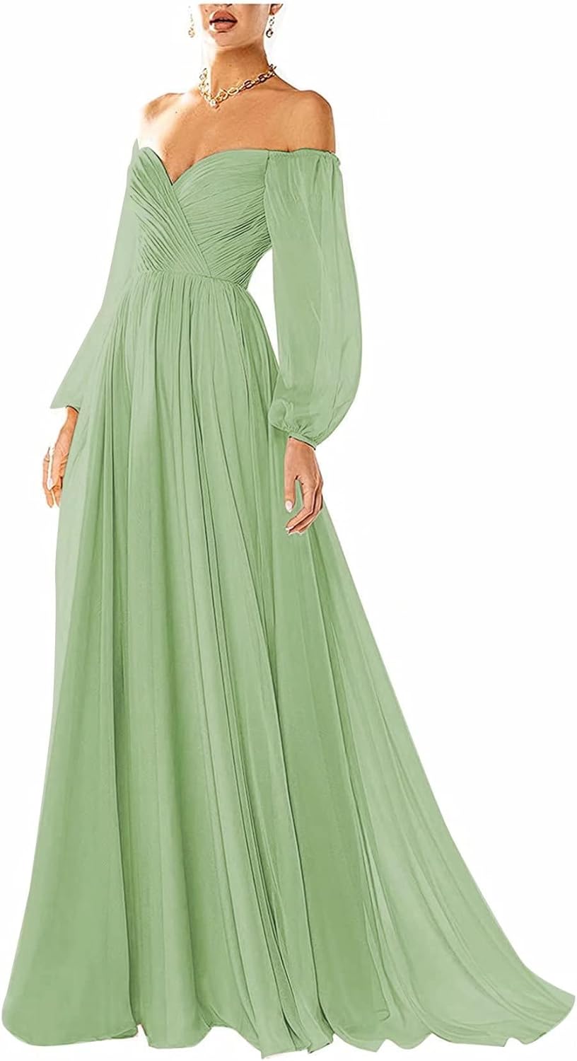 Vestido de fiesta con hombros descubiertos, manga larga, estilo formal, plisado, corte A, para mujer