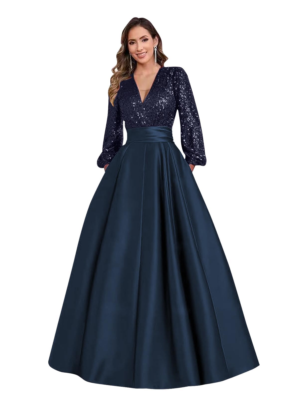 Satin Mother of Bride Dresses Long for Women Sequin Long Sleeve Evening Gown with Pockets
