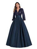 Satin Mother of Bride Dresses Long for Women Sequin Long Sleeve Evening Gown with Pockets