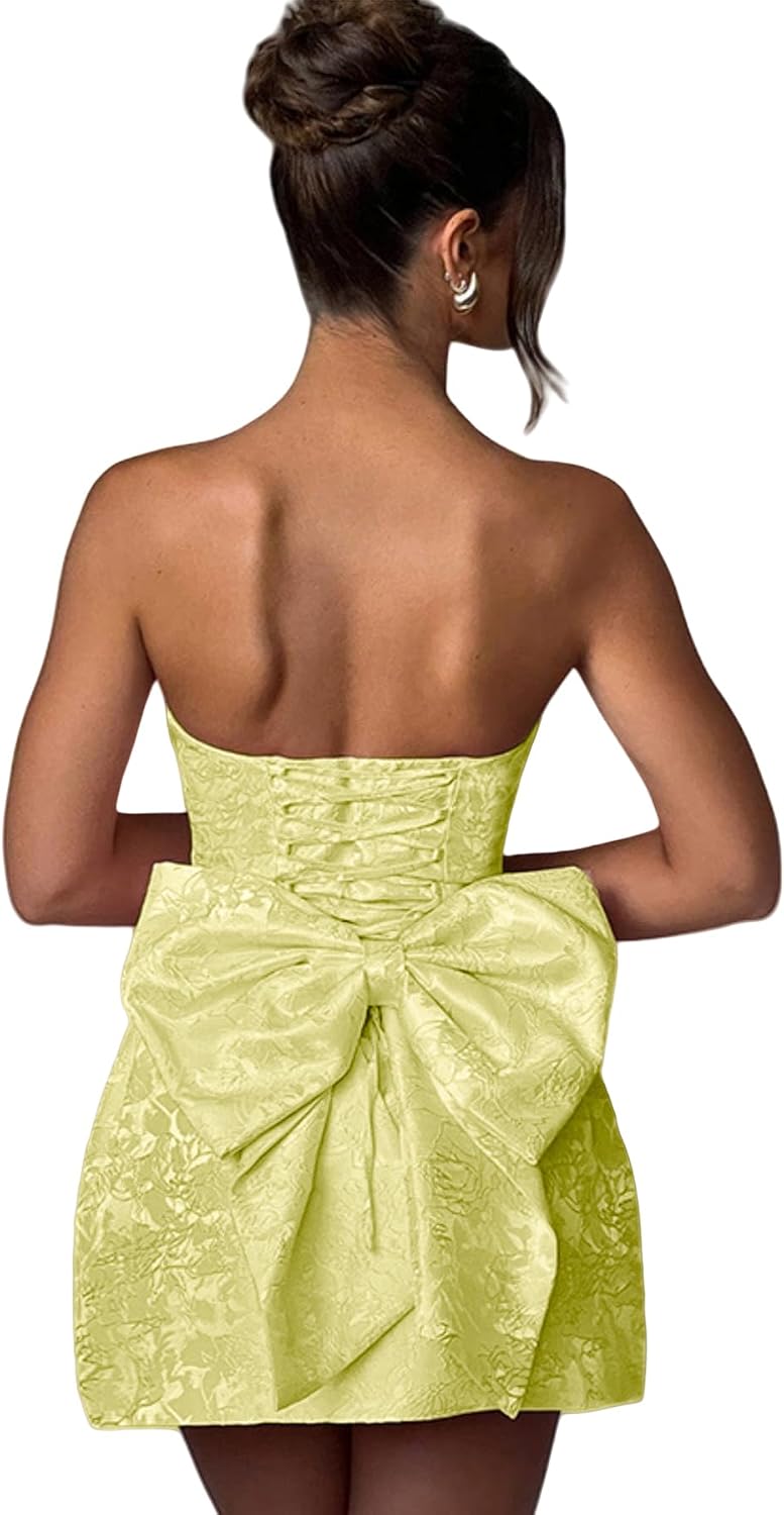 Jacquard Satin Homecoming Dress with Bow Elegant Strapless Mini Dress A Line Short Prom Dresses Party Gown