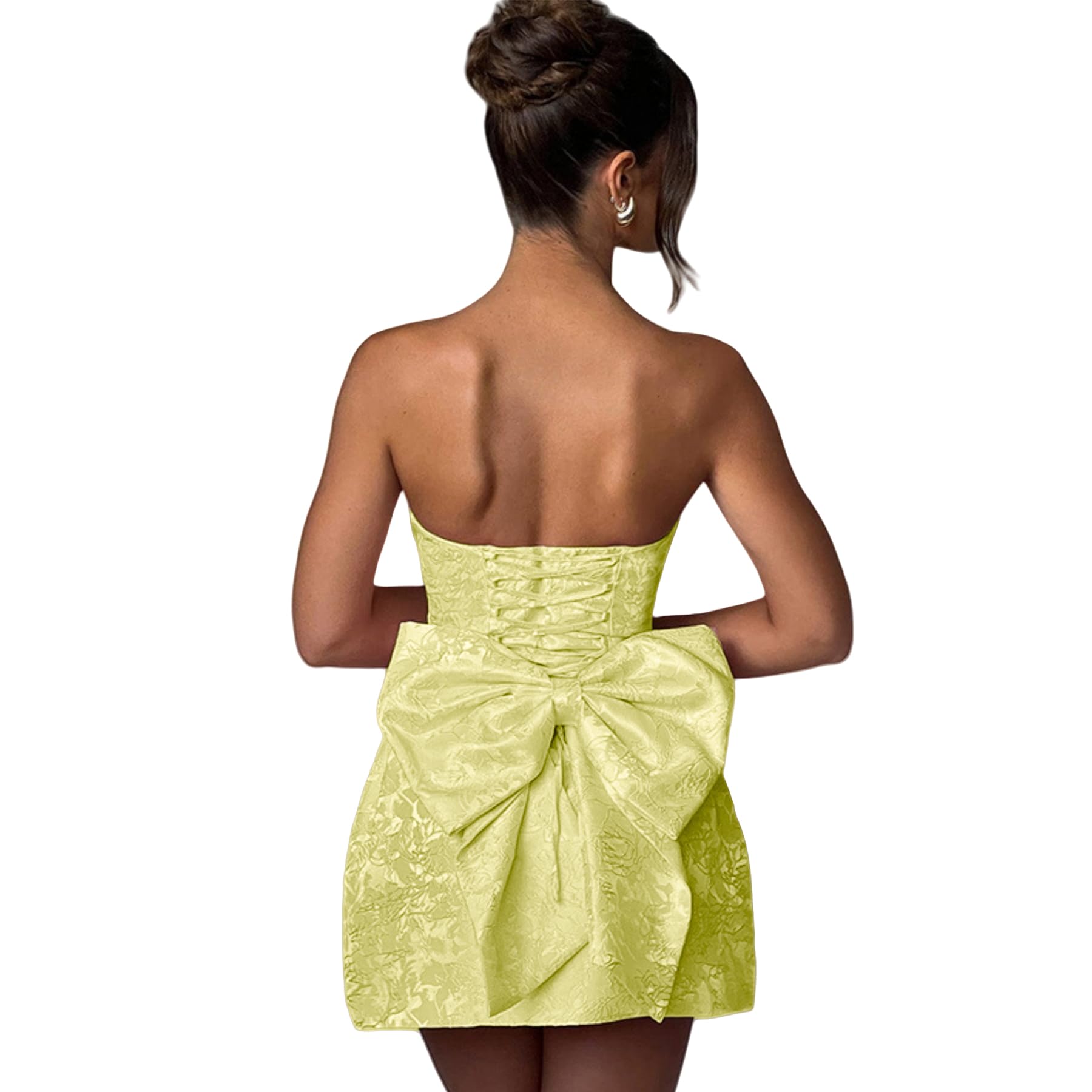 Jacquard Satin Homecoming Dress with Bow Elegant Strapless Mini Dress A Line Short Prom Dresses Party Gown
