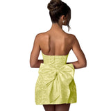 Jacquard Satin Homecoming Dress with Bow Elegant Strapless Mini Dress A Line Short Prom Dresses Party Gown