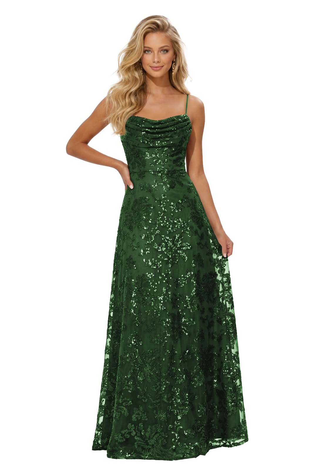 Lace Sequin Prom Dresses Spaghetti Straps A-Line Cowl Neck Pleated Sparkly Long Formal Evening Party Gowns