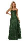Lace Sequin Prom Dresses Spaghetti Straps A-Line Cowl Neck Pleated Sparkly Long Formal Evening Party Gowns