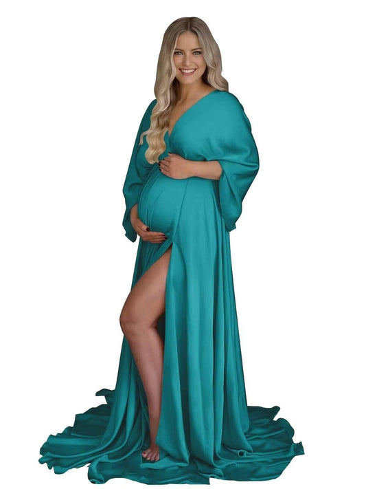 Long Sleeve Maternity Dress for Photoshoot Silk Satin Pregnancy Dress V Neck Slit Maternity Gowns for BabyShower