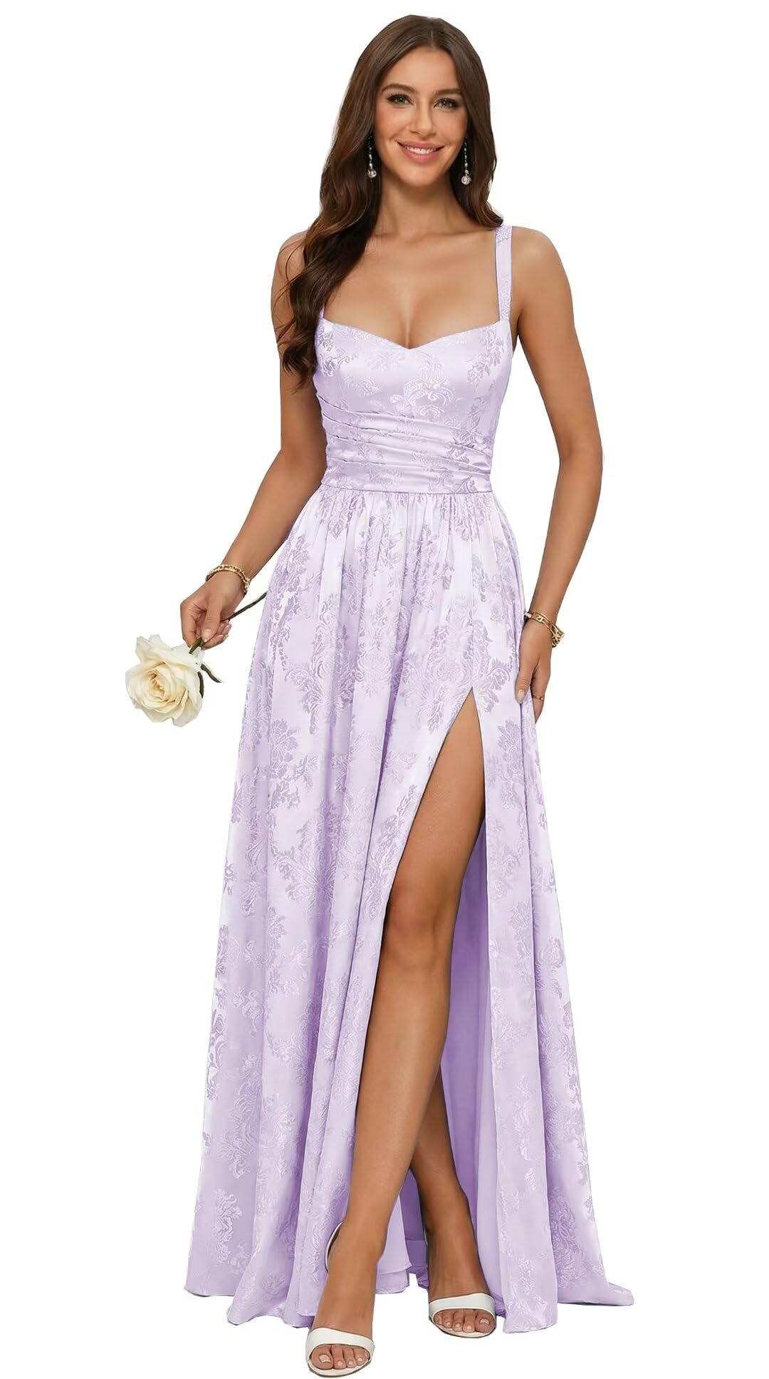 Jacquard Satin Prom Dresses with Slit Spaghetti Straps A Line Maxi Long Formal Evening Dress Party Gowns