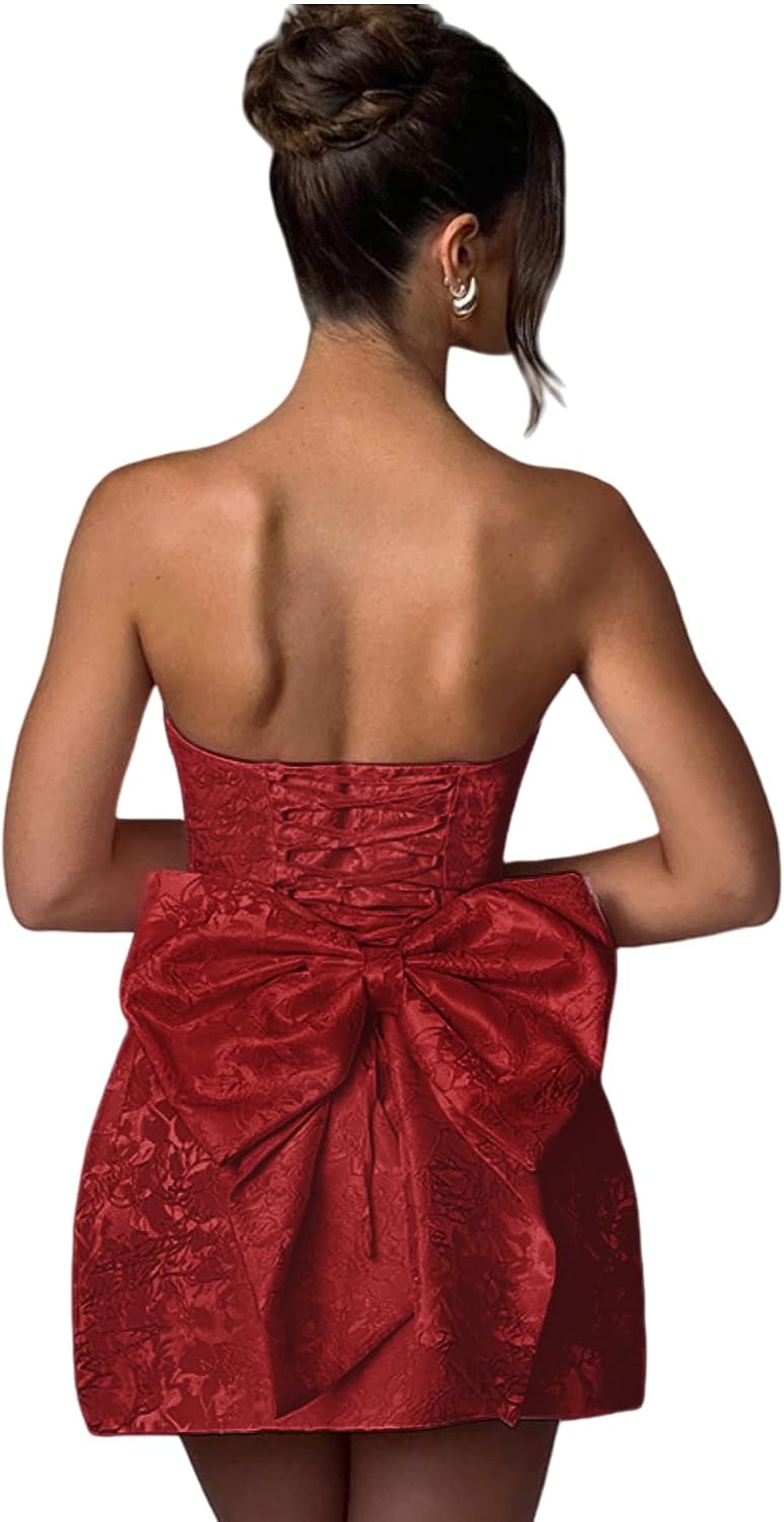 Jacquard Satin Homecoming Dress with Bow Elegant Strapless Mini Dress A Line Short Prom Dresses Party Gown