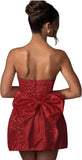 Jacquard Satin Homecoming Dress with Bow Elegant Strapless Mini Dress A Line Short Prom Dresses Party Gown