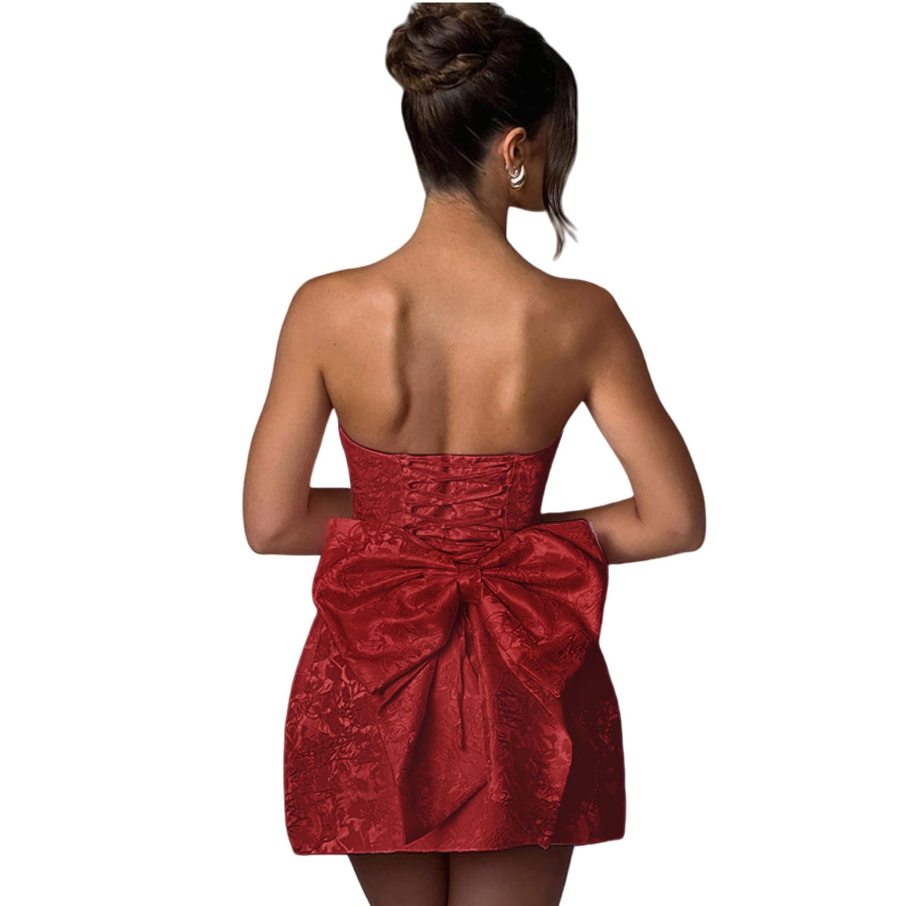 Jacquard Satin Homecoming Dress with Bow Elegant Strapless Mini Dress A Line Short Prom Dresses Party Gown