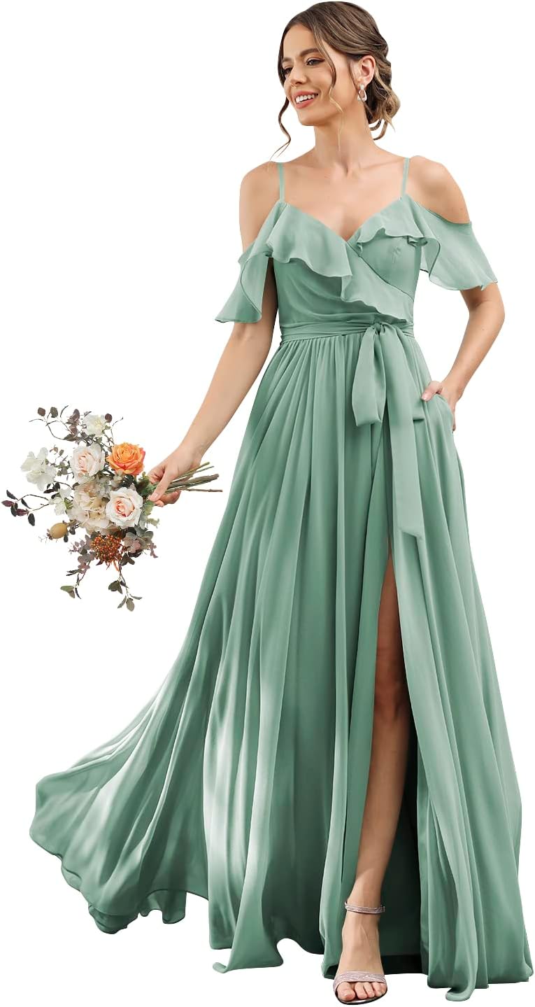 Women's Bridesmaid Dresses with Slit Long Cold Shoulder Chiffon Formal Party Dress with Pockets